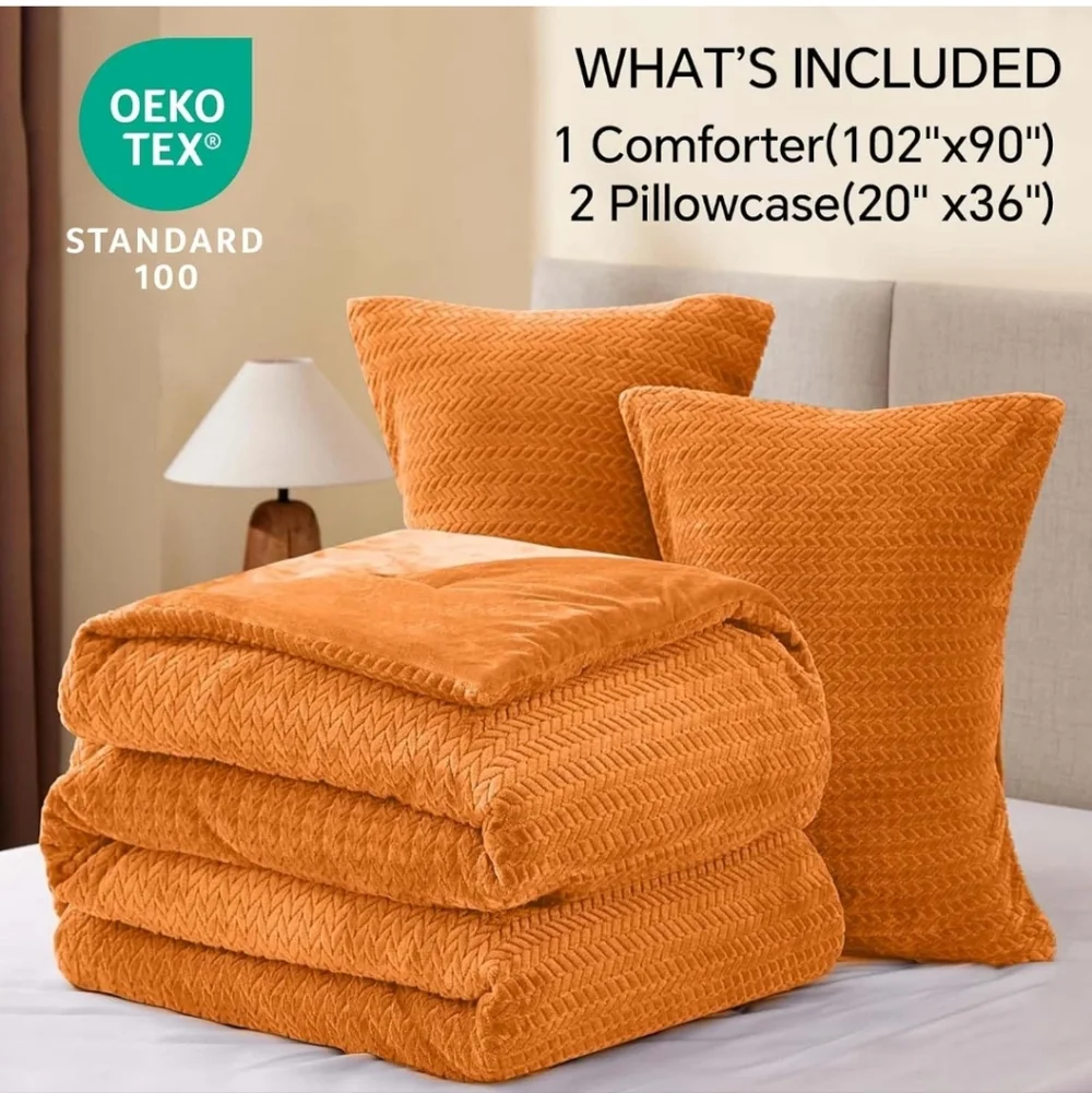 Flannel Fleece Comforter King Set - Furry Burnt Orange Leaves Pattern Faux Fur